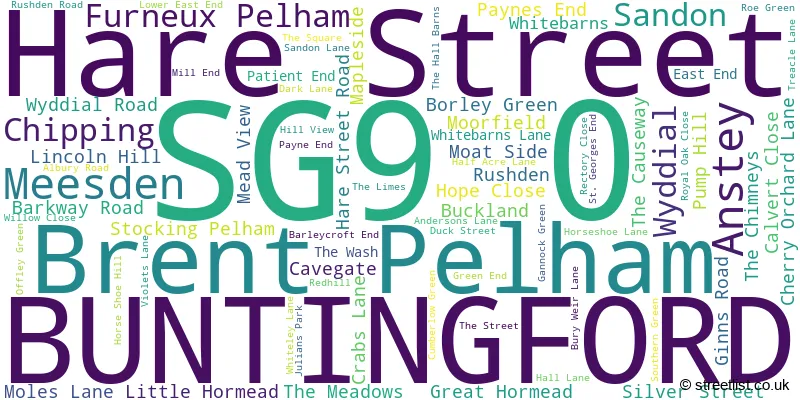 A word cloud for the SG9 0 postcode
